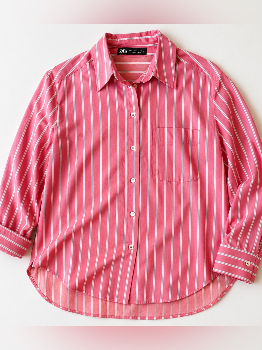 Zara Pink White Striped Button Down Shirt S Lightweight Classic Blouse EUC